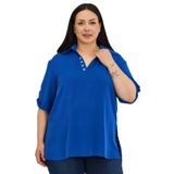 DISENTIS MODEST Büyük Beden Yakası Düğme ve Pat Detaylı Kolu Apoletli Mavi Bluz, 56, 86974740015, Saks, Kadın