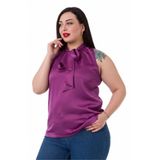 DISENTIS MODEST Büyük Beden Yakası Fularlı Yanı Yırtmaçlı Saten Bluz, 50, 86974120007, Mor, Kadın