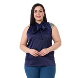 DISENTIS MODEST Büyük Beden Yakası Fularlı Yanı Yırtmaçlı Saten Bluz, 58, 86974120007, Lacivert, Kadın