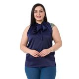 Disentis Modest Büyük Beden Yakası Fularlı Yanı Yırtmaçlı Saten Lacivert Bluz - 54