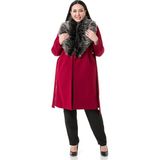 Disentis Modest Büyük Beden Yakası Kürklü Yandan Cepli Kuşaklı Astarlı Bordo Kaşe Kaban - 46