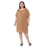 Disentis Modest Büyük Beden Yakası Lastikli Geniş Kollu Astarlı Camel Elbise - 44