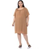 Disentis Modest Büyük Beden Yakası Lastikli Geniş Kollu Astarlı Camel Elbise - 52