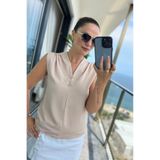 DISHI FASHİON Düğmeli Saten Bluz BEJ
