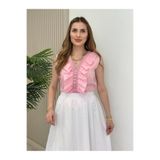 DISHI FASHİON V Yaka Fırfırlı Keten Bluz PEMBE