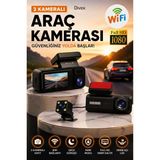 Divex 3 Kameralı Full Hd 1080P Wifi Araç Kamerası - Gece Görüş Yol Kayıt Cihazı, Geri Vites Park Kamerası - Siyah