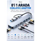 Divex 8'i 1 Arada USB-C Hub Çoklayıcı Adaptör - 3x USB 3.0, Type-C, SD/TF Kart Okuyucu, 3.5mm Ses Girişi,