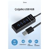 Divex USB Çoklayıcı USB 3.0 4 Portlu Hub Çoğaltıcı 5Gbps 30 cm Kablolu