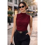 Diviny Kadın Bordo Dik Yaka Kolsuz Regular Sandy Büzgülü Drapeli Bluz