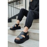 Divolya Zango Siyah Platform ( 6 cm Topuklu ) Yuvarlak Burun Günlük Sandalet - Siyah Cilt