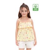 Divonette Kız Çocuk Yazlık Askılı Üst - %100 Pamuk İp Askılı Çiçek Desenli Fırfırlı Sarı Bluz