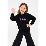 Divonette Kız Çocuk Yuvarlak Yaka Siyah Sweatshirt - Prenses Elbiseleri Desenli Nakışlı Çocuk Sweat