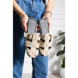 diya shoes Pimela Bej Süet Gold Aksesuarlı Kemer Toka Detaylı Kadın terlik