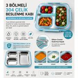 Diyet, Beslenme Kabı MZK4003 Sızdırmaz Kapaklı Metal 3 Bölmeli Lunch Box Be - Mavi