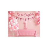 Dizayn Parti Evi 1-5 Yaş Pembe Renk Doğum Günü Tatlı Kız Çocuk Bebek Doğum Günü Süsleme Seti – Rakam Folyo Balon, İyi Ki Doğdun Banner, Flama, Balon ve Masa Örtüsü