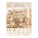 Dizayn Parti Evi Ayıcıklı Doğum Günü Süsleme Seti 1-9 Yaş Krem Happy Birthday Folyo Yazı ve Rakam Folyo Balonlu Parti Konsepti 1 2 3 4 5 6 7 8 9 Yaş