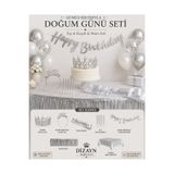 Dizayn Parti Evi Gümüş Happy Birthday Doğum Günü Süsleme Seti – Taç, Kuşak, Mum, Banner, Masa Eteği ve Örtüsü