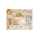 Dizayn Parti Evi Happy Birthday Gümüş Pasta Süsü Seti – Pleksi Happy Birthday Yazı, 5'li Kalp Mum ve 10'lu Konuşma Balonu Pasta Kürdanı Doğum Günü Parti Seti