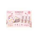 Dizayn Parti Evi Kelebek Çiçek Temalı Parti Sofra Seti – 16 Kişilik / 24 Kişilik Karton Tabak Bardak Seti – Doğum Günü, Baby Shower, Diş Buğdayı
