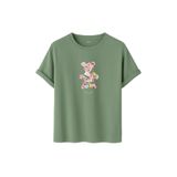 DK DAKSEL Çiçek Desenli Ayıcık Baskılı Tişört, Zeytin Yeşili,%100 Pamuk, Rahat Kesim, Unisex, Kısa Kollu (Çağla, L)