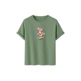 DK DAKSEL Çiçek Desenli Ayıcık Baskılı Tişört, Zeytin Yeşili,%100 Pamuk, Rahat Kesim, Unisex, Kısa Kollu (Çağla, S)