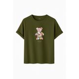 DK DAKSEL Çiçek Desenli Ayıcık Baskılı Tişört, Zeytin Yeşili,%100 Pamuk, Rahat Kesim, Unisex, Kısa Kollu (Haki, L)