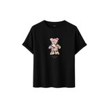 DK DAKSEL Çiçek Desenli Ayıcık Baskılı Tişört, Zeytin Yeşili,%100 Pamuk, Rahat Kesim, Unisex, Kısa Kollu (Siyah, S)