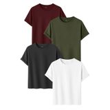 DK DAKSEL Erkek 4’lü Basic Tişört Paketi Bordo Haki Füme Beyaz Renk Rahat Kesim Pamuklu T-Shirt