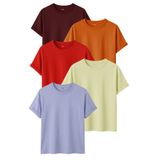 DK DAKSEL Kadın 5’li Basic Tişört Paketi Bordo Turuncu Kırmızı Sarı Mavi Renk Rahat Kesim Pamuklu T-Shirt
