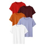 DK DAKSEL Kadın 5’li Basic Tişört Paketi Kırmızı Bordo Turuncu Mavi Beyaz Renk Rahat Kesim Pamuklu T-Shirt