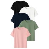 DK DAKSEL Kadın 5’li Basic Tişört Paketi Siyah Beyaz Lacivert Çağla Pudra Renk Rahat Kesim Pamuklu T-Shirt