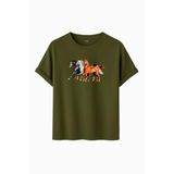 DK DAKSEL Unisex At Baskılı T-Shirt,%100 Pamuk, Rahat Kesim, Kısa Kollu, Yuvarlak Yaka, Günlük Kullanım (Haki, M)