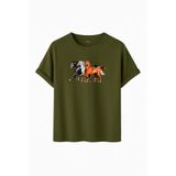 DK DAKSEL Unisex At Baskılı T-Shirt,%100 Pamuk, Rahat Kesim, Kısa Kollu, Yuvarlak Yaka, Günlük Kullanım (Haki, XL)