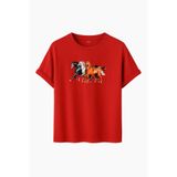 DK DAKSEL Unisex At Baskılı T-Shirt,%100 Pamuk, Rahat Kesim, Kısa Kollu, Yuvarlak Yaka, Günlük Kullanım (Kırmızı, L)