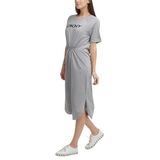 DKNY Kadın kısa kollu logolu büzme ipli bel gündelik elbise, Gri (Avenue Grey), L