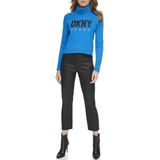 DKNY Kadın uzun kollu kaplumbağa yaka logolu süveter sweatshirt, Mavi (Electric Blue)/Siyah, M
