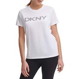 DKNY Kadın Yazlık Üst Kısa Kollu Tişört, Siyah Çizgili Beyaz Logo, S