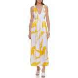 DKNY Kolsuz Baskılı Maxi Elbise, Beyaz/Pop Sarı Çoklu, L