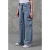 DMB BOYS & GIRLS Premium Kargo Cepli Geniş Paça Likralı Jean Denim Mavi Kız Çocuk Pantolon