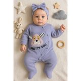 DMR Elegance Pretty Dog Nakışlı Bandanalı % 100 Pamuk Kız Bebek Tulumu - Lila - 9 - 12 Ay