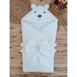 DMR Elegance Yenidoğan Beyaz Wool Yün Kumaş Ayıcık Kulaklı Kundak Bebek Battaniyesi Beyaz