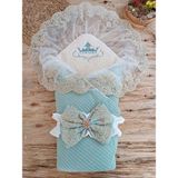 DMR Elegance Yenidoğan Kuzulu Taç Nakış Güpürlü Fiyonklu Duvaklı Prizma Taş Unisex Kundak Bebek Battaniyesi Su Yeşili