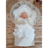 DMR Elegance Yenidoğan Wool Yün Kumaş Taç Nakışlı Güpür Duvaklı Fiyonk Prizma Taş Unisex Kundak Bebek Battaniyesi Bej