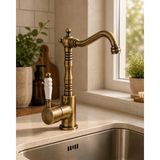 DMR Home Antik Eskitme Pirinç Mutfak Evye Bataryası Seramik Kollu Vintage Lüks Mutfak Musluğu