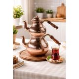 DMT Copper El Yapımı Bakır Çaydanlık Seti, Geleneksel Türk Çaydanlığı, Kahverengi Ahşap Saplı, 500ml Üst 900ml Alt Demlik, 4 Kişilik