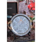 Dmt Copper Home 3 Adet 25 cm Krom Çelik Kahve Tepsisi – Pirinç Kulplu Nakışlı Desenli Dekoratif Servis Sunum Tepsisi - 25 lt