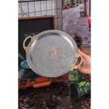 Dmt Copper Home 6 Adet 25 cm Krom Çelik Kahve Tepsisi – Pirinç Kulplu Nakışlı Desenli Dekoratif Servis Sunum Tepsisi - 25 ml