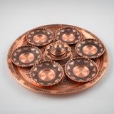 DMT COPPER HOME El Yapımı Bakır Türk Çay Seti, 6 Kişilik, Oymalı Desenli, 34 cm Tepsi, Şekerlik ve Çay Takımı, Geleneksel Motifli, Saf Bakır