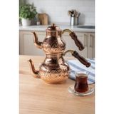 DMT Copper Home El Yapımı KÜÇÜK BOY Bakır Çaydanlık Seti, Geleneksel Türk Çaydanlığı, Kahverengi Ahşap Saplı, 500ml Üst 900ml Alt Demlik, 4 Kişilik