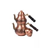Dmt Gaziantep Bakır Çaydanlık Takımı Ağır İşlemeli Alt:12 Cm Üst:9cm Toplam:1,5lt Ahşap Kulp